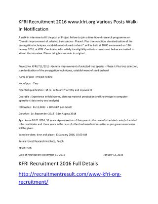 KFRI Recruitment 2016 Www.kfri.Org Various Posts Walk-In Notification