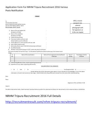 Application Form for NRHM Tripura Recruitment 2016 Various Posts Notification