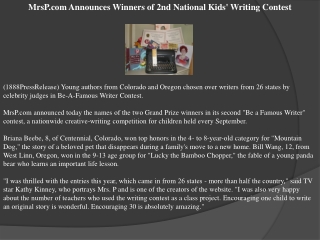 MrsP.com Announces Winners of 2nd National Kids' Writing Con