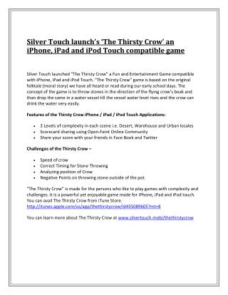 Silver Touch launch’s ‘The Thirsty Crow’ an iPhone, iPad and iPod Touch compatible game