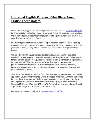 Launch of English Version of the Silver Touch France Technologies