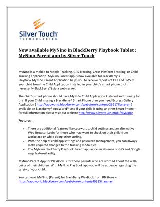 Now available MyNino in BlackBerry Playbook Tablet : MyNino Parent app by Silver Touch