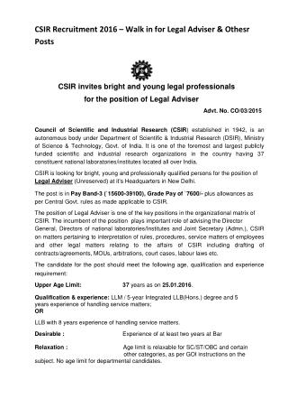 CSIR Recruitment 2016 – Walk in for Legal Adviser & Othesr Posts