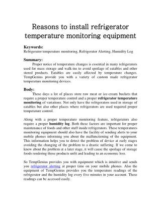 Reasons to install refrigerator temperature monitoring equipment