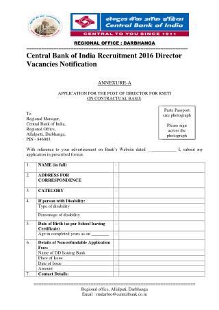 Central Bank of India Recruitment 2016 Director Vacancies Notification