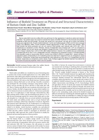 Influence of Biofield Treatment on Physical and Structural Characteristics of Barium Oxide and Zinc Sulfide