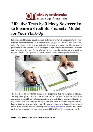 Effective Tests by Oleksiy Nesterenko to Ensure a Credible Financial Model for Your Start-Up