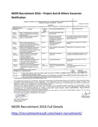 NEERI Recruitment 2016 – Project Asst & Others Vacancies Notification