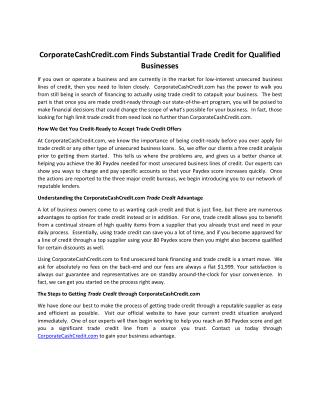 CorporateCashCredit.com Finds Substantial Trade Credit for Qualified Businesses