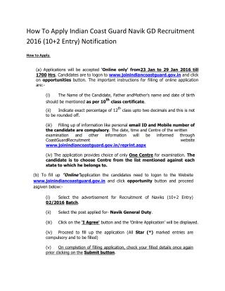 How To Apply Indian Coast Guard Navik GD Recruitment 2016 (10 2 Entry) Notification