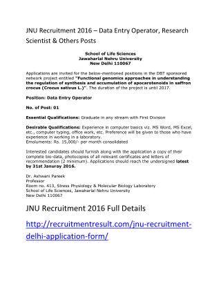 JNU Recruitment 2016 – Data Entry Operator, Research Scientist & Others Posts