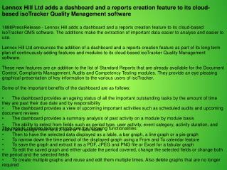 Lennox Hill Ltd adds a dashboard and a reports creation feature to its cloud-based isoTracker Quality Management softwar