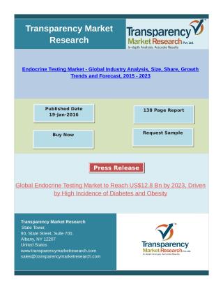 Endocrine testing market was valued at US$6.1 bn in 2014 and is estimated to reach US$12.8 bn by 2023