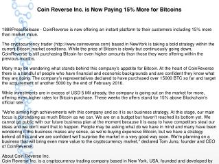 Coin Reverse Inc. is Now Paying 15% More for Bitcoins
