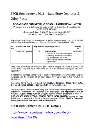 BECIL Recruitment 2016 – Data Entry Operator & Other Posts