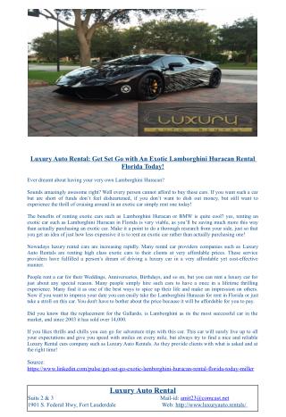 Luxury Auto Rental: Get Set Go with An Exotic Lamborghini Huracan Rental Florida Today!