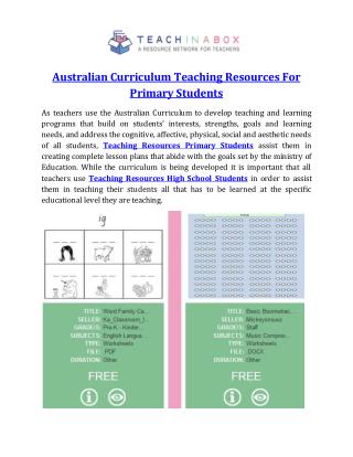 Australian Curriculum Teaching Resources For Primary Students
