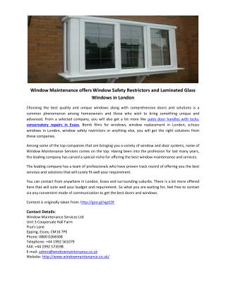 Window Maintenance offers Window Safety Restrictors and Laminated Glass Windows in London