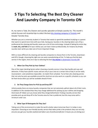 5 Tips To Selecting The Best Dry Cleaner And Laundry Company In Toronto ON