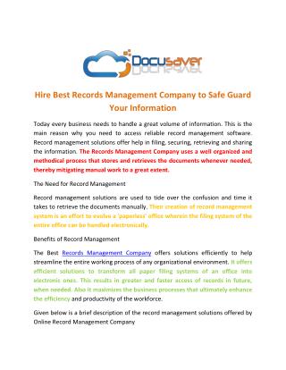 Hire Best Records Management Company to Safe Guard Your Information