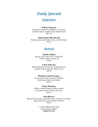 Dinner Menu of Daily Special Starter at Grand Old House Waterfront Restaurant in Grand Cayman