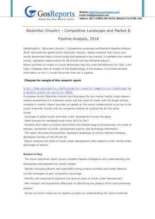 Biosimilar (Insulin) – Competitive Landscape and Market & Pipeline Analysis, 2016