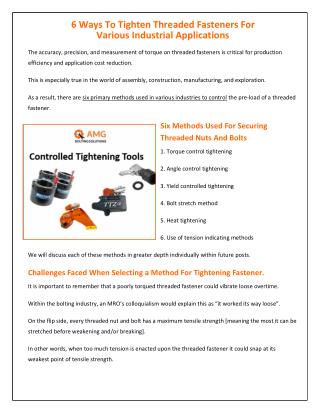 6 Ways To Tighten Threaded Fasteners For Various Industrial Applications