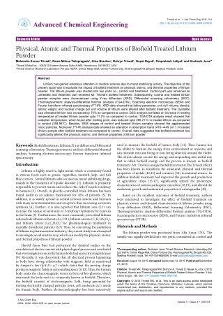 Influence of Biofield Therapy on Properties of Lithium Powder