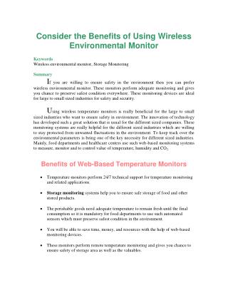 Consider the Benefits of Using Wireless Environmental Monitor