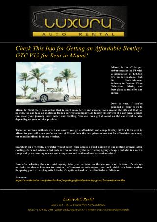 Check This Info for Getting an Affordable Bentley GTC V12 for Rent in Miami!