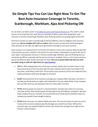 Six Simple Tips You Can Use Right Now To Get The Best Auto Insurance Coverage In Toronto, Scarborough, Markham, Ajax And