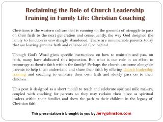 Reclaiming the Role of Church Leadership Training in Family Life: Christian Coaching