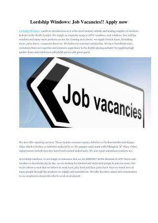 Lordship Windows: Job Vacancies!! Apply now