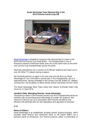 Asset Advantage Team Sponsorship in the 2016 Porsche Carrera Cup GB