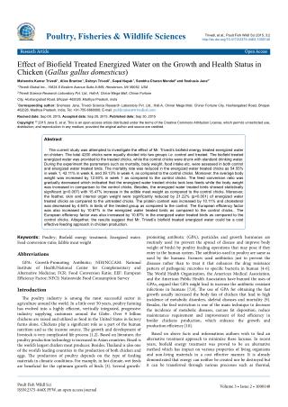 Effect of Biofield Treated Energized Water on the Growth and Health Status in Chicken ( Gallus gallus domesticus )