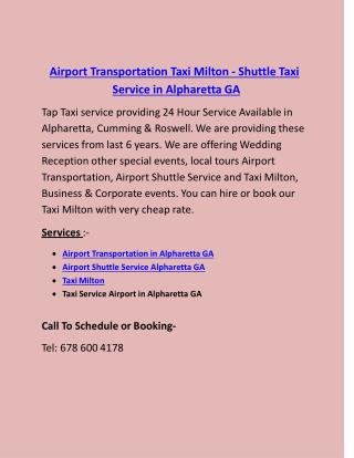 Airport Transportation Taxi Milton - Shuttle Taxi Service in Alpharetta GA