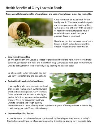Health Benefits of Curry Leaves in Foods