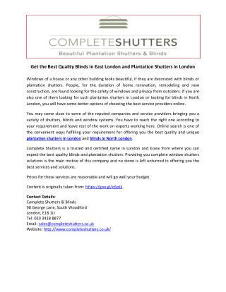 Get the Best Quality Blinds in East London and Plantation Shutters in London
