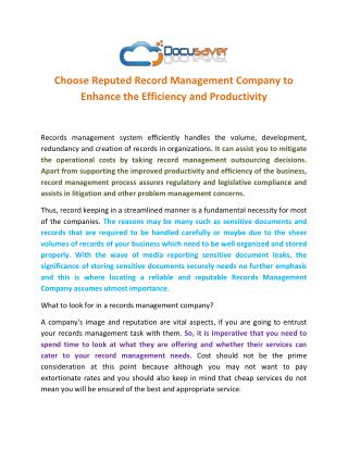 Choose Reputed Record Management Company to Enhance the Efficiency and Productivity