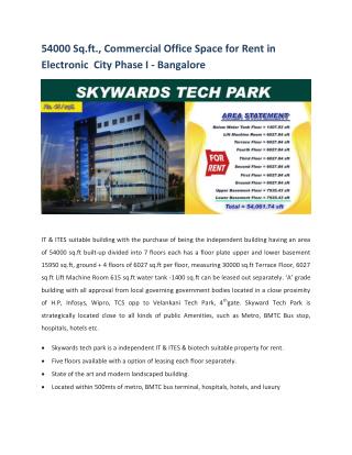54,000 sq.ft., New Commercial Office/Space Building for Rent in Electronic City Bangalore