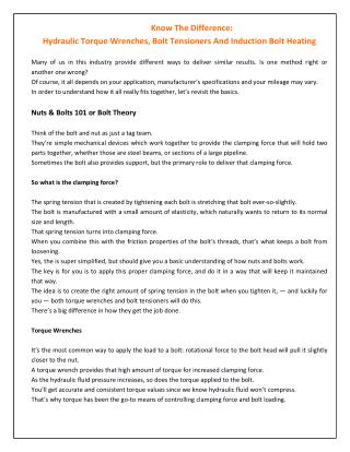 Know the Difference: Hydraulic Torque Wrenches, Bolt Tensioners and Induction Bolt Heating
