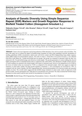 Analysis of Genetic Diversity Using Simple Sequence Repeat (SSR) Markers and Growth Regulator Response in Biofield Treat