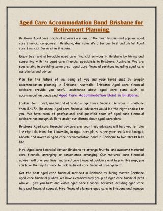 Aged Care Accommodation Bond Brisbane for Retirement Planning