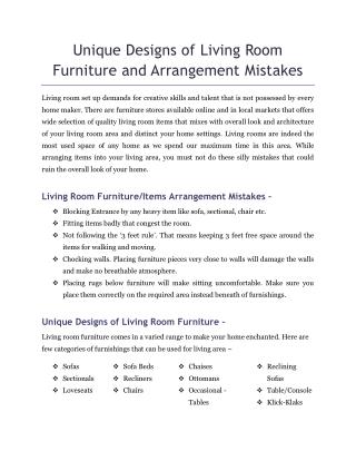 Unique Designs of Living Room Furniture and Arrangement Mistakes