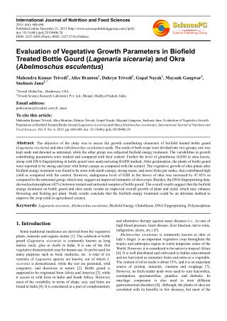 Evaluation of Vegetative Growth Parameters in Biofield Treated Bottle Gourd (Lagenaria siceraria) and Okra (Abelmoschus