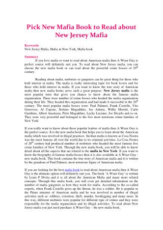 Pick New Mafia Book to Read about New Jersey Mafia