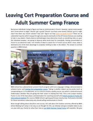 Leaving Cert Preparation Course and Adult Summer Camp France