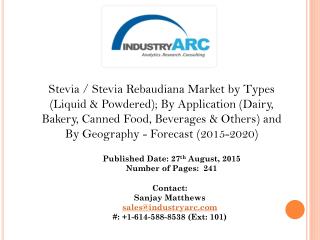 Stevia Rebaudiana Market Favourable government regulations governing the use of Stevia, set to boost market.