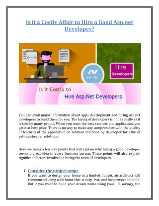 Is It a Costly Affair to Hire a Good Asp.net Developer?