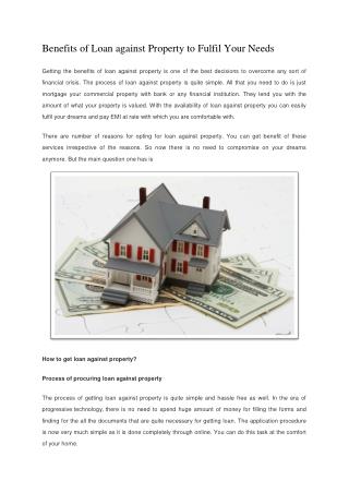 Benefits of Loan against Property to Fulfil Your Needs